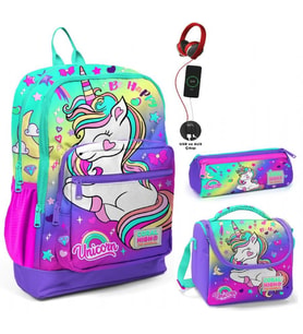 Coral High Su Yeşili Lavanta Unicorn USB Soketli Üçlü İlkokul Çanta Seti - Kız Çocuk
