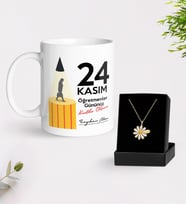 BK Gift Kişiye Özel Öğretmenler Günü Beyaz Kupa ve İsimli Papatya Kolye Hediye Seti- 8, Öğretmene Hediye, Öğretmenler Günü