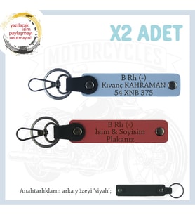 Yol Arkadaşları İçin, İsim Plaka ve B- Kan Grubu Kişiye Özel x2 Anahtarlık Set, Nar Çiçeği-Mavi-Syh (Çok Renkli)