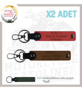 Biker Stiline Özel İsim Plaka ve B Rh (-) Kan Grubu Yazılı x2 Anahtarlık Set, Nar Çiçeği-Kahve-Ysl
