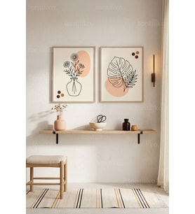 Minimalist Bitkisel Çizgi Sanatı 2'li Ahşap Çerçeveli Tablo Seti