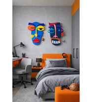 Soyut İkili Maske 50 x 50 cm Ahşap Etnik Duvar Dekoru Sanatsal Ev, Kafe Dekorasyonu