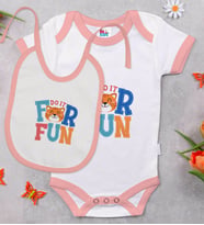 BK Kids For Fun Tasarımlı Pembe Bebek Body Zıbın ve Mama Önlüğü Hediye Seti-1