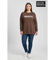 Kadın Büyük Beden Willams Brooklyn Baskılı Bisiklet Yaka ince Sweatshirt SPR26BSW956-16