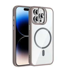 Apple iPhone 14 Pro Max Uyumlu Kılıf Standlı ve Kamera Lens Hediyeli M-Safe Şarj Özellikli Zore Etro Kapak (Gri)