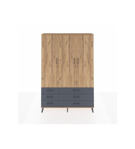 Arges Dolap 5 Raflı 6 Çekmeceli Tek Askılı 132x30x195 Çam-Çam/Antrasit