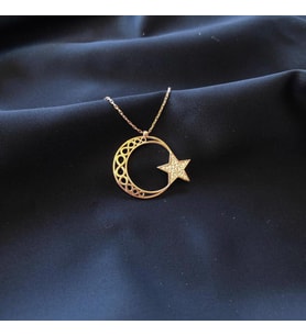 Gold Kaplama Şeritli Ay Yıldız Gümüş Kolye (Karışık)