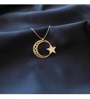Gold Kaplama Şeritli Ay Yıldız Gümüş Kolye (Karışık)