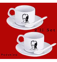 Atatürk Özel Tasarım Baskılı Porselen 2'li Fincan Seti Porselen Kaşık Hediyeli