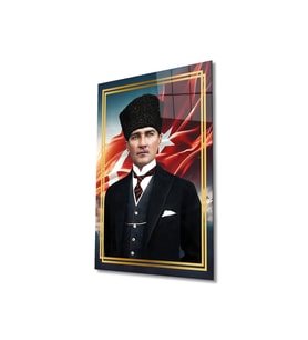 Atatürk Portre ve Türk Bayrağı Cam Tablo Modern Ev Ofis Salon Hediyelik Büyük Tablo Duvar Dekoru (Çok Renkli)