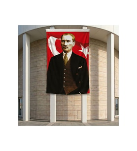 Takım Elbiseli Sivil Gazi Mustafa Kemal Atatürk Portre Ay Yıldız Poster Bayrak Premium Raşel Kumaş ATA40 2x3m