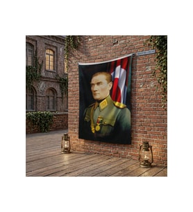 Üniformalı Gazi Mustafa Kemal Atatürk- Ay Yıldız Bayrak poster Bayrak Raşel Kumaş 100x150 cm ATA17