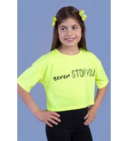 Toontoy Kız Çocuk Baskılı Düşük Kol Crop Tişört (Sarı)