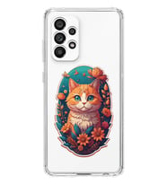 Samsung Galaxy A23 Uyumlu Çiçek ve Kedi Tasarımlı Şeffaf Telefon Kılıfı