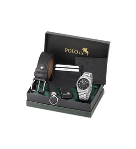 Polo Air Mercek Takvimli Klasik Erkek Kol Saati Kemer Cüzdan Kartlık Çakmak Anahtarlık Seti Gümüş Siyah Renk PL-7090E1