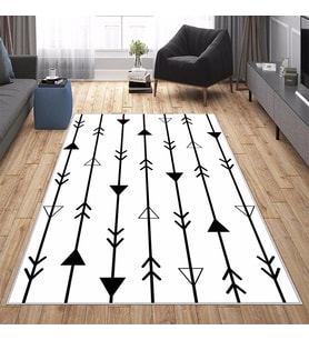 Geometrik Etnik Ok Desenli Siyah Beyaz Dijital Baskı Yıkanabilir Kaymaz Taban Modern Salon Halısı