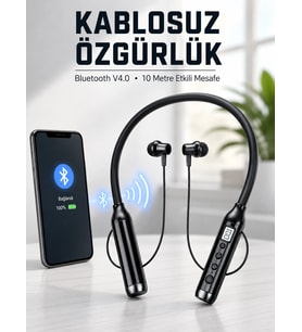 Mey İthalat® Kablosuz Bluetooth Boyun Kulaklığı 10 Metre Menzilli Mikrofonlu Ses Kontrollü Uzun Kullanım Süreli Kulak İçi Kulaklık