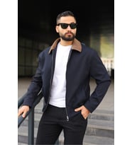 Kadife Yakalı Trucker Model Ceket (Lacivert)