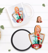 BK Gift Kişiye Özel Kadın Karikatürlü Beyaz Kupa ve Ahşap Bardak Altlığı Hediye Seti-24