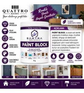 Paint Block 1 L Su Bazlı Saf Akrilik Mobilya ve Ahşap Dönüşüm Boyası – Kapı, Mutfak Dolabı, Masa ve Dekoratif Yüzey Boyası