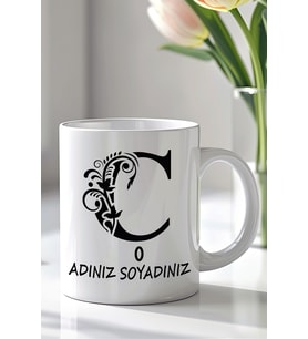 Kişiselleştirilebilir Ç Harfi Tasarımlı 330ml Baskılı Beyaz Seramik Kupa Bardak (Siyah Beyaz Baskili)