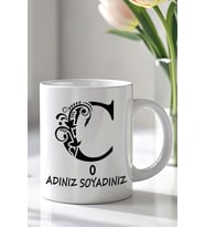 Kişiselleştirilebilir Ç Harfi Tasarımlı 330ml Baskılı Beyaz Seramik Kupa Bardak (Siyah Beyaz Baskili)