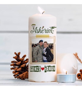 Asker Sevgiliye Hediye Fotoğraf ve İsim Baskılı Mum