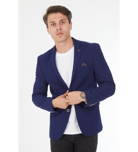 SPOSO G-221 İKİ DÜĞME TEK YIRTMAÇ PETEK DESENLİ ÖRME KUMAŞ BLAZER CEKET (Lacivert)