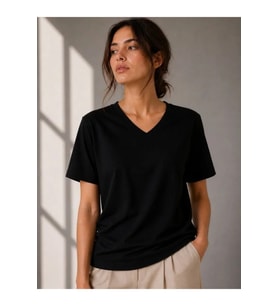 V Yaka Basic Tişört Kısa Kol Yazlık Regular Fit T-Shirt - Siyah