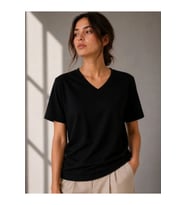 V Yaka Basic Tişört Kısa Kol Yazlık Regular Fit T-Shirt - Siyah