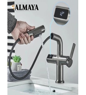 Aşağı Çekilebilen Püskürtücülü LED Dijital Ekran Musluk, 2 Püskürteli Mutfak Banyo Lavabo Bataryası