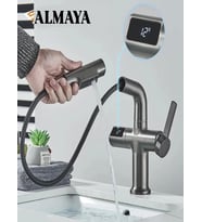 Aşağı Çekilebilen Püskürtücülü LED Dijital Ekran Musluk, 2 Püskürteli Mutfak Banyo Lavabo Bataryası