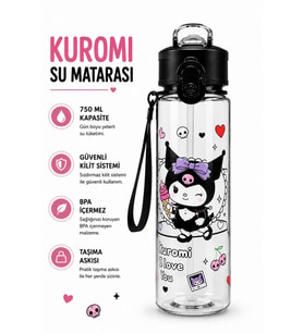 fenomen kuromi pipetli matara 750 ml büyük boy askı aparatlı ÇANTANIN EN ŞİRİN EŞYASI! KUROMİ MATARA