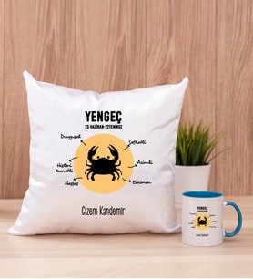 Kişiye Özel Yengeç Burcuna Hediye Kare Yastık ve Mavi Kupa