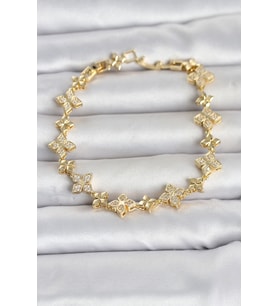 Pirinç Zirkon Taşlı Yonca Model Gold Renk Kadın Bileklik TJ-BB8494
