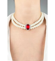 Kristal Uçlu İnci Choker Kolye  - Kırmızı