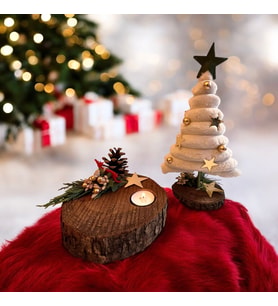 Dekoratif Peluş Çam Ağacı ve Kütük Dekoratif Tekli Tealight Mum