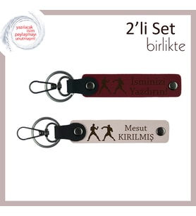 Şampiyon Sevgiliye, Ring Temalı, Kişisel İsim Yazılabilen 2’li Anahtarlık Hediye, Bordo-Pudra