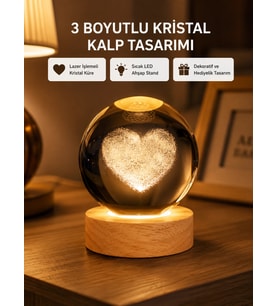 Romantik Kalpli Kristal Cam Küre USB’li Işıklı Dekoratif Obje