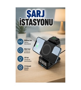 4’ü 1 Arada Kablosuz Şarj Standı – Dijital Saat ve LED Işık