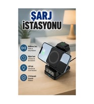 4’ü 1 Arada Kablosuz Şarj Standı – Dijital Saat ve LED Işık