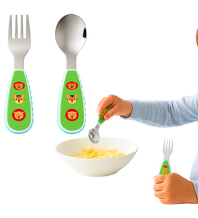 Perlotus 12 cm Çocuk Bebek Kaşık Çatal Seti Paslanmaz Çelik Hayvan Desenli