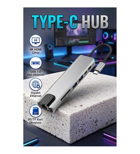 8 Portlu Type-C Hub 4K HDMI USB 3.0 SD Kart Okuyucu RJ45 Ethernet Çoklu Bağlantı Adaptörü