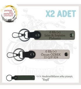 Motosiklet Maceracılarına, İsim Plaka ve 0 Rh (+) Kan Grubu Yazılı x2 Anahtarlık, Kül Gri-Pudra-Ysl (Çok Renkli)