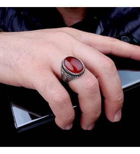 Akik Taşlı Oval Model 925 Ayar Gümüş Erkek Yüzük (Gri)