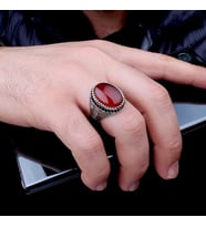 Akik Taşlı Oval Model 925 Ayar Gümüş Erkek Yüzük (Gri)