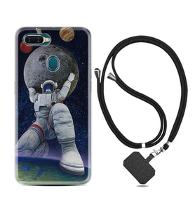 Oppo A5S A15 A16 A54 A55 A73 A74 Kılıf Boyun Askılı Silikon Astronot ve Dünya 1759