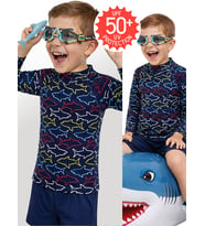 UV Korumalı Erkek Çocuk Mayo T-shirt UVP+50 Faktör Koruma Uzun Kollu Köpekbalığı (Lacivert)