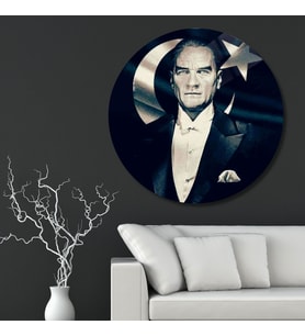 Yuvarlak Temperli Gerçek Cam Tablo Ay Yıldız ve Atatürk