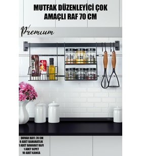 Çok Amaçlı Mutfak Düzenleyici Raf Seti, 70 cm, 6 Baharatlık, Stand, Sepet, Kancalar